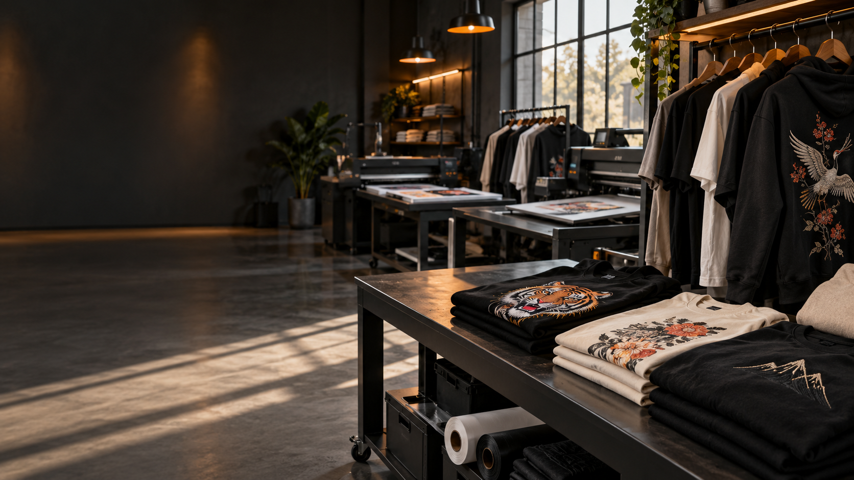 Interior del estudio Black & White con prendas personalizadas